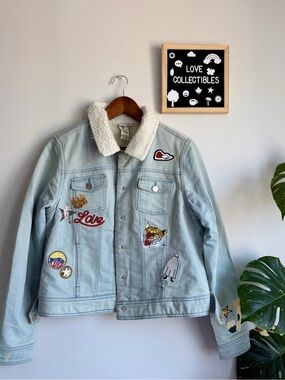 Indigo Rein Light Blue Denim Jacket with Cream Sherpa Collar and Fun Patches